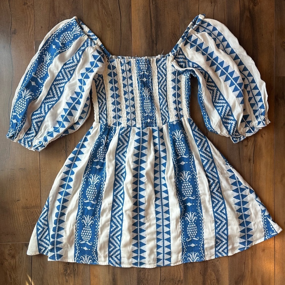 En Crème Blue White Smocked Puff Sleeve Mini Dress Cottagecore Boho Small - Picture 2 of 8